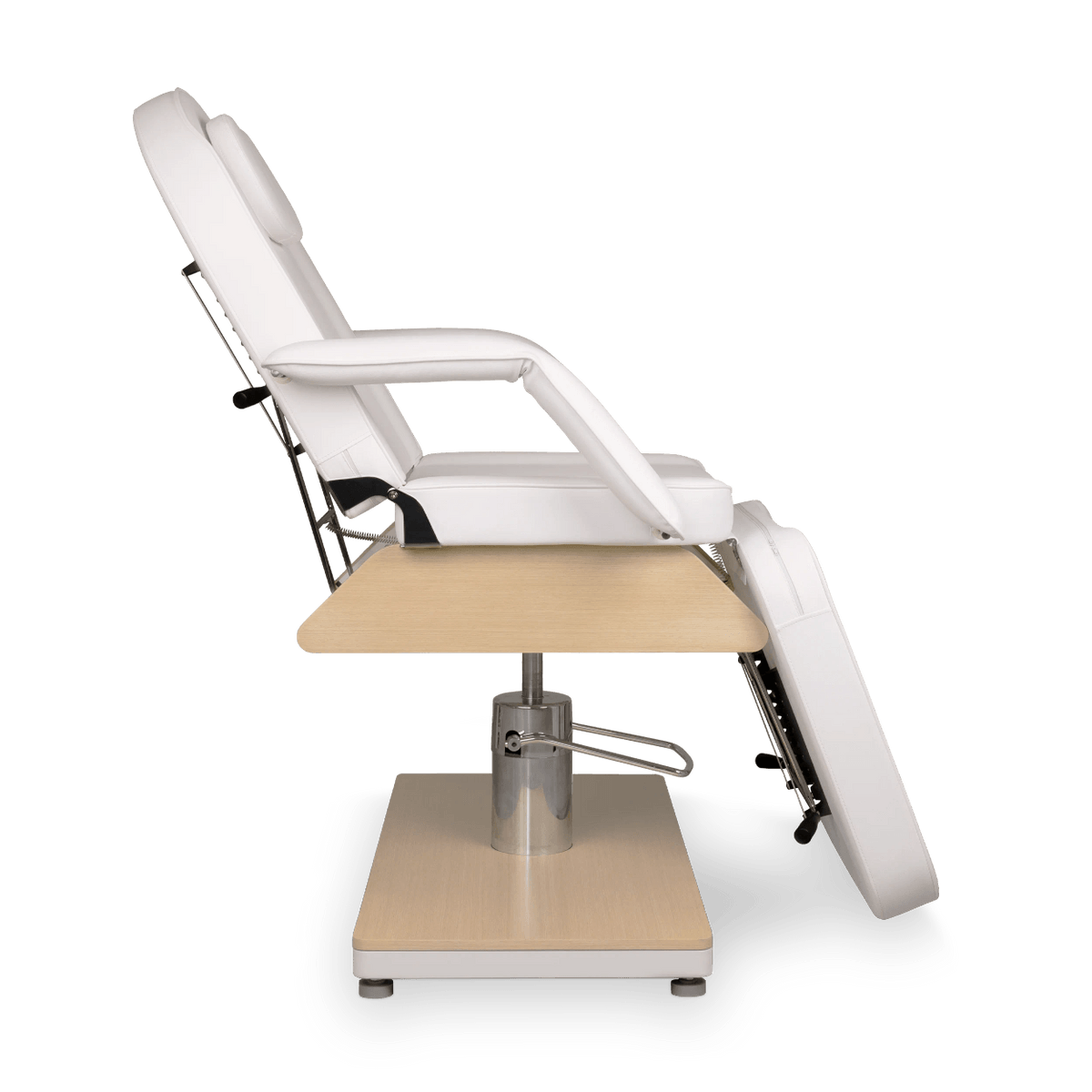 Fauteuil esthétique blanc base bois avec pompe hydraulique